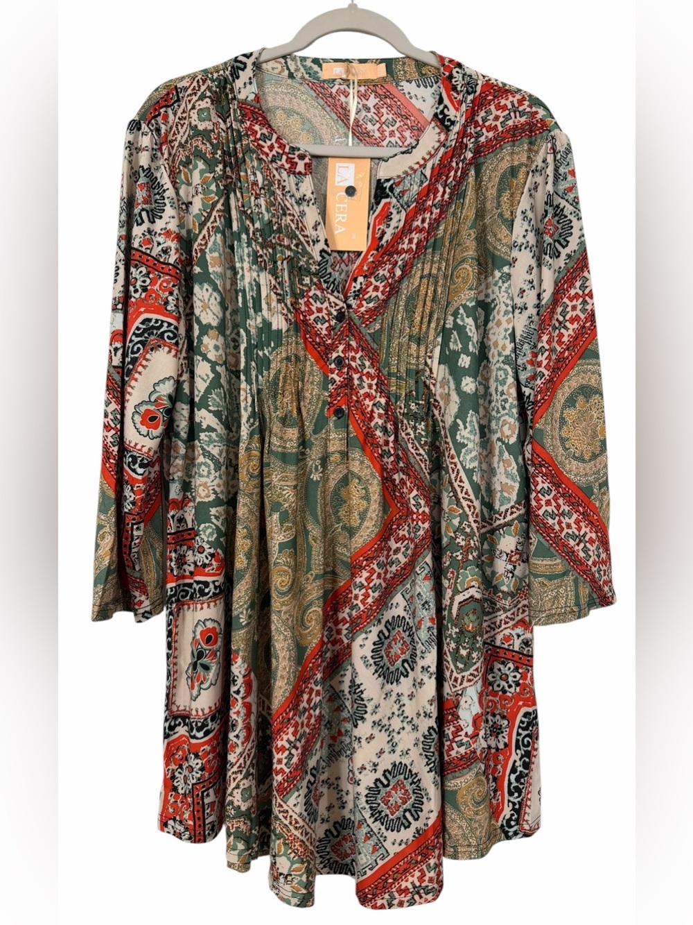 La Cera Patchwork Pintuck Tunic Top Taupe Sage Boho NWT Size 1X